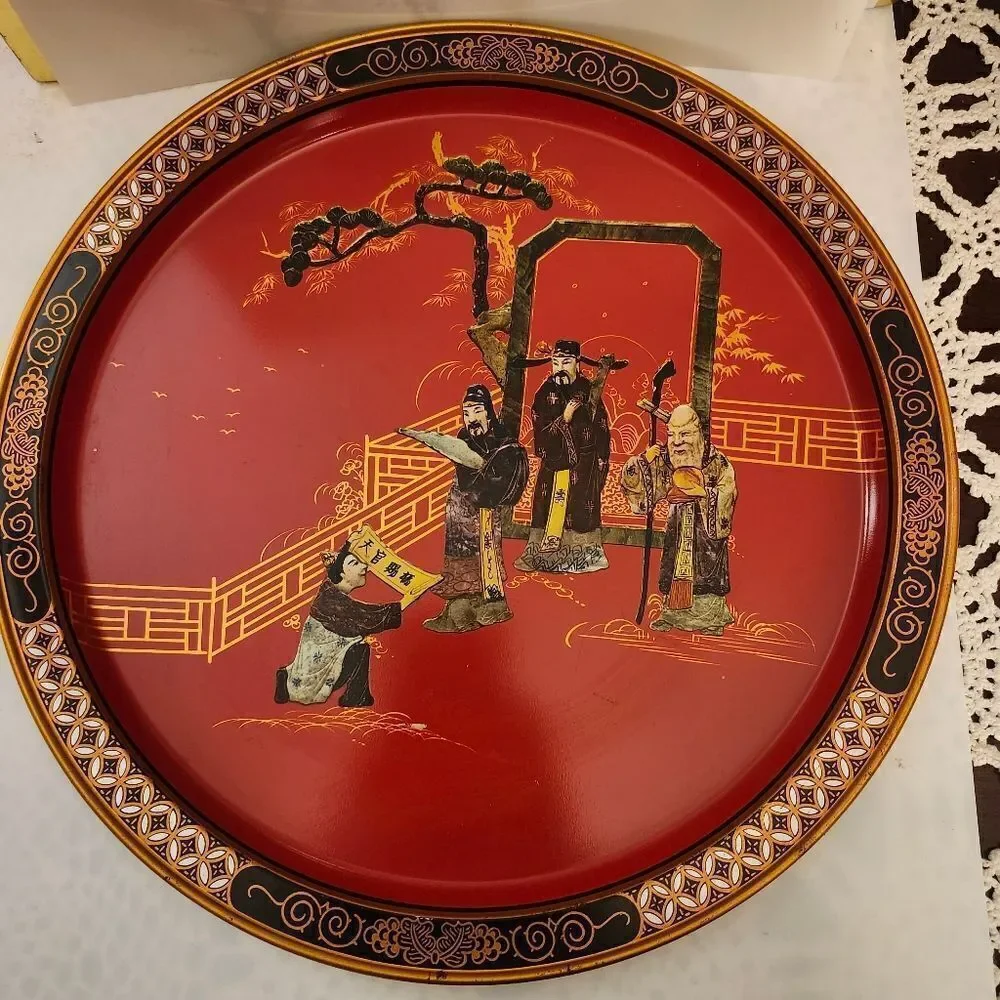 Vintage Mint Set of Red Vinyl Ice Bucket,Tongs,Lucite & T'ang Dynasty Round Tray